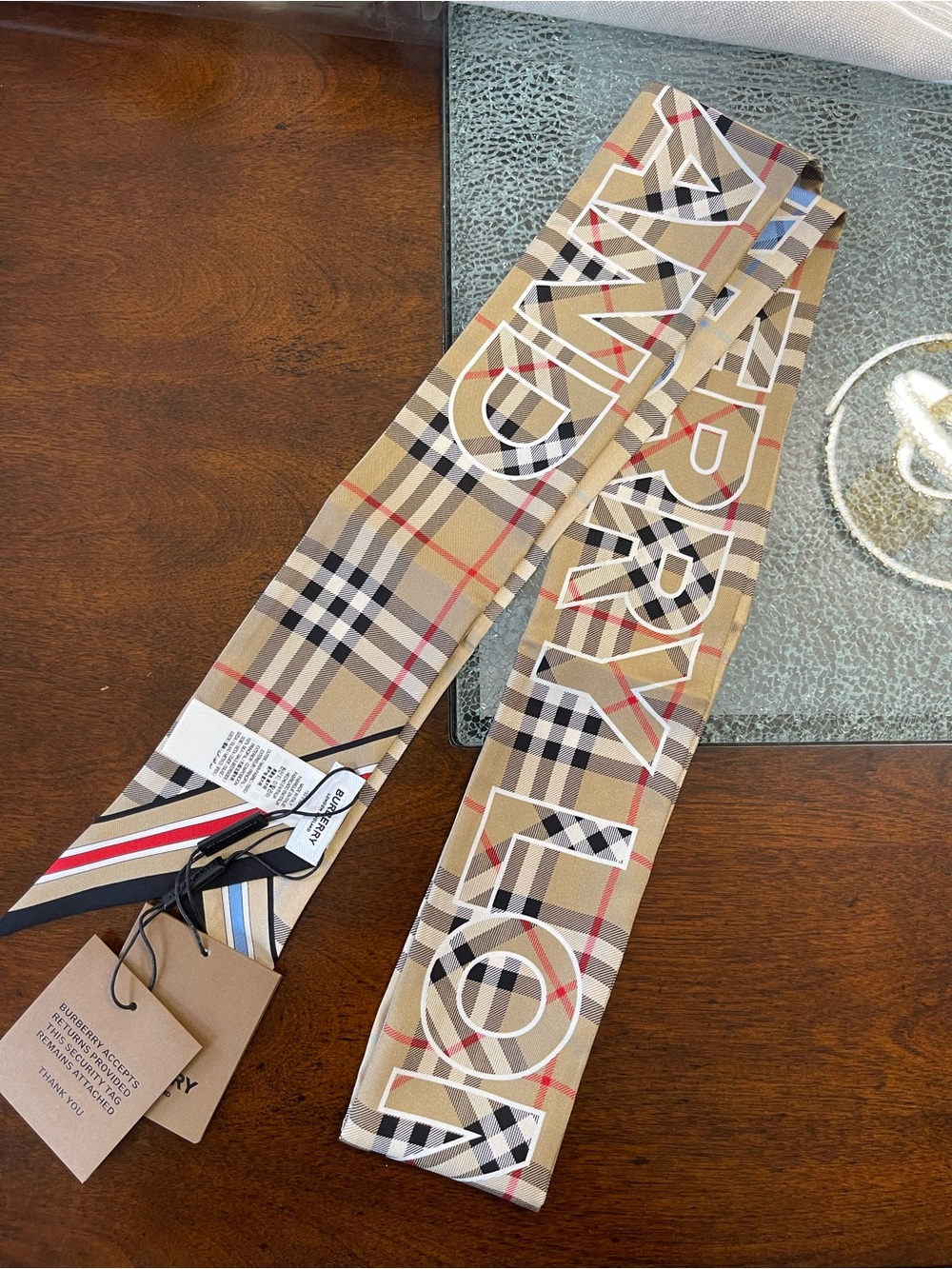 Burberry Beige Plaid Silk Twilly with Light Blue & Red Accents - Picture 2 of 7